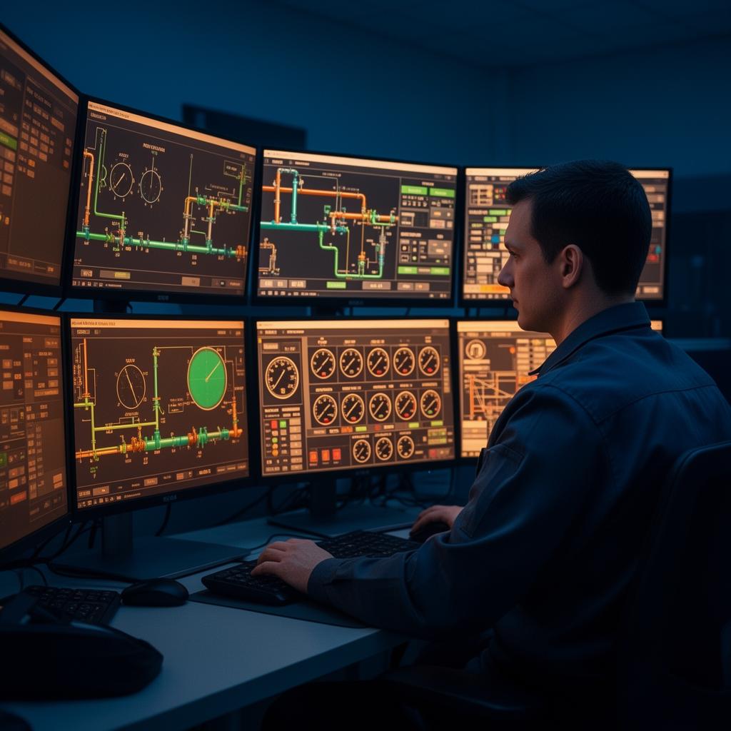 اپراتور در اتاق کنترل SCADA با چندین مانیتور نمایش‌گر داشبورد صنعتی