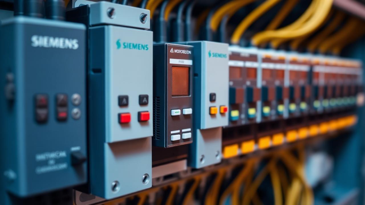ماژول‌های PLC زیمنس و اشنایدر روی ریل DIN در تابلوی کنترل صنعتی