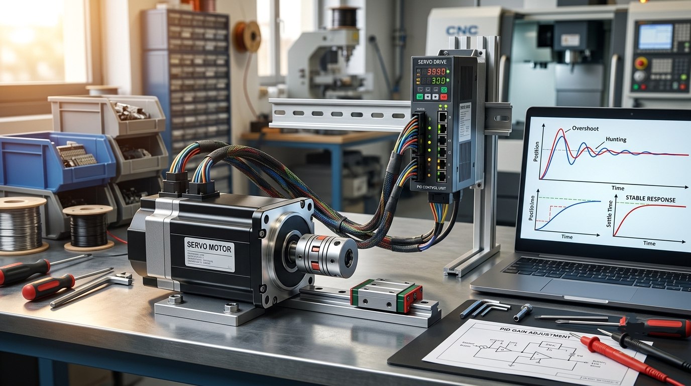 سرووموتور صنعتی روی میز کار CNC با کابل انکودر و درایو سروو