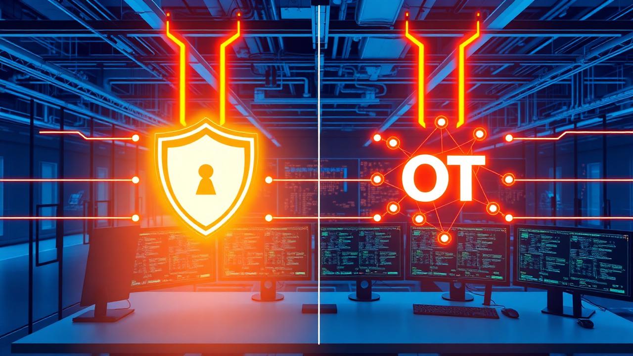 اتاق کنترل صنعتی با نمایشگر امنیت شبکه و شield بین شبکه IT و OT